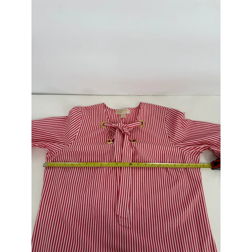 Michael Kors Red White Striped Grommet Tie‎ Front Bell Sleeve Blouse Womens Sz L